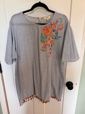 Umgee Blue and White Striped Tunic with Colorful Floral Embroidery